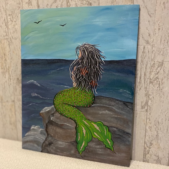 Hand crafted painted Mermaid Ocean Rock canvas wall Art 11X14” free handed - Picture 10 of 11